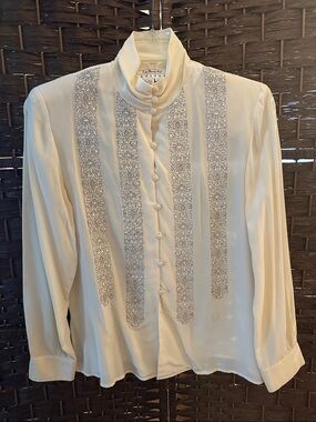 Talbots Cream High-Neck Embroidered Button-Up Blouse